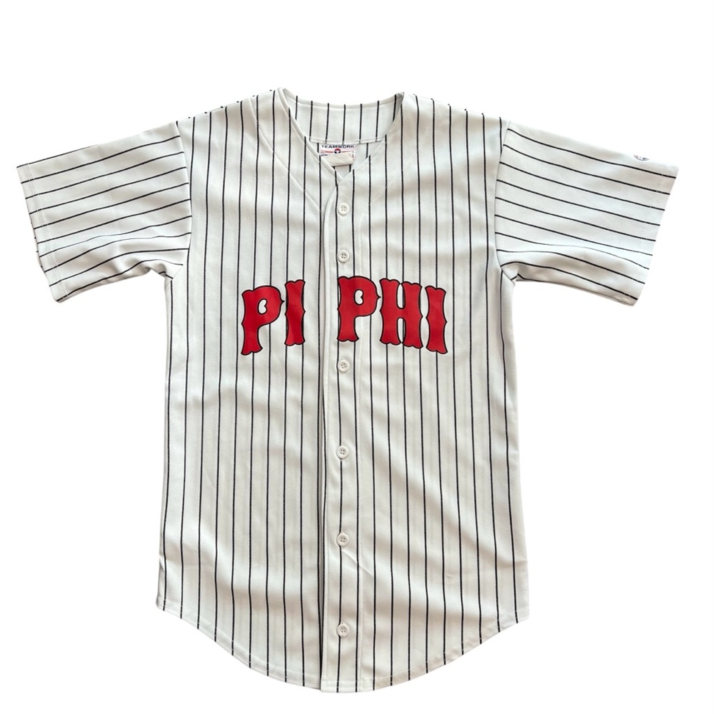 Vintage Sorority Baseball Jersey‎ “Pi Phi” Black & White Pinstripes Size (34-36)